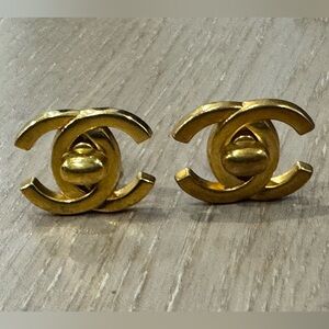 CHANEL Gold Logo Stud Earrings